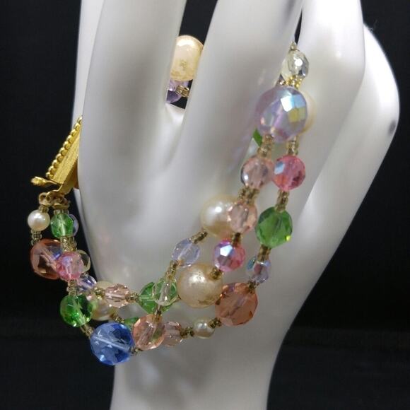Vintage Beaded Crystal Bracelet, 3 Strands, Graziano Pastel Crystal Beads, 8 In. - Picture 3 of 11